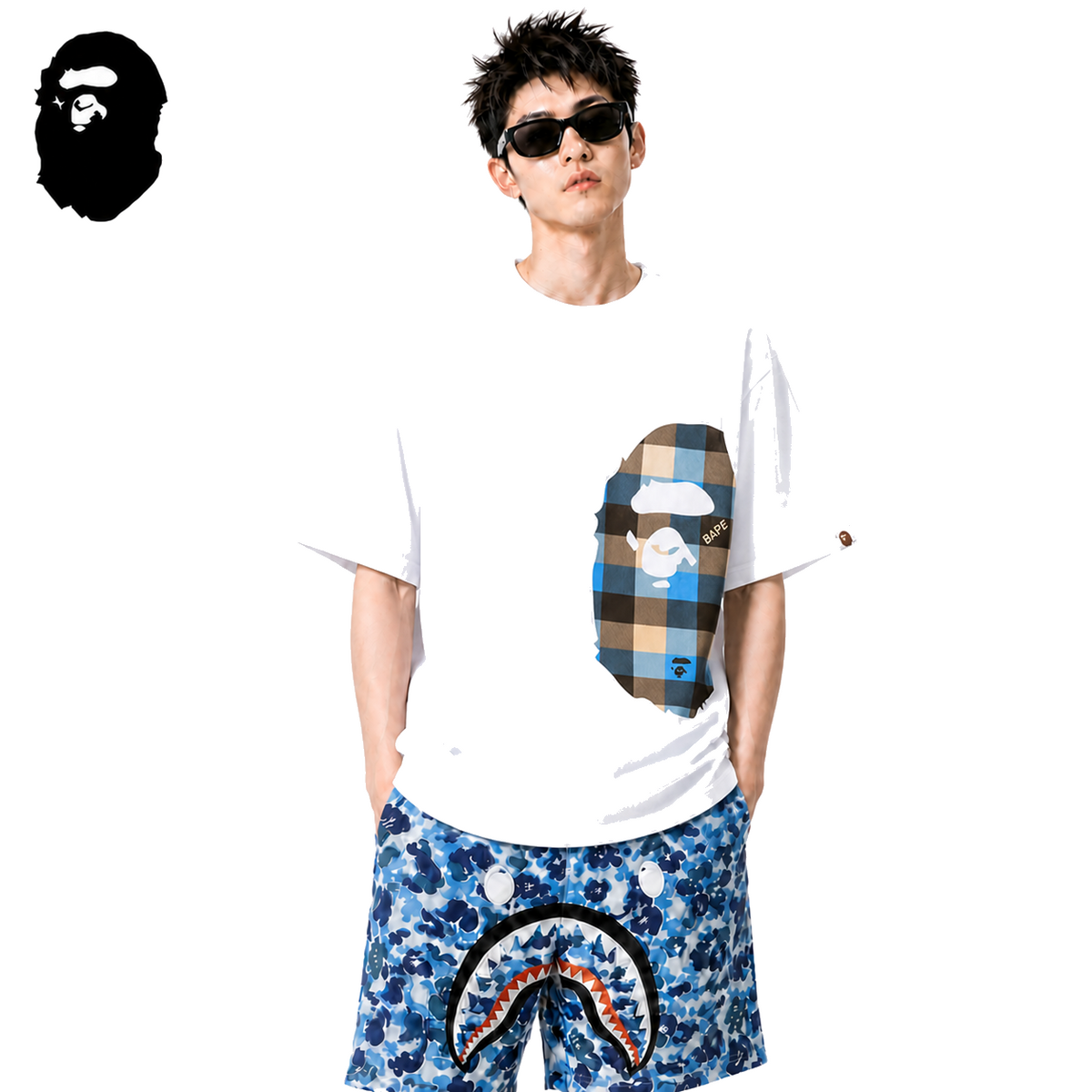 BAPE Blue Plaid Side Ape Head Men's T-Shirt - White