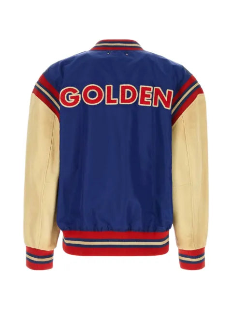 Golden Goose men's varsity bomber jacket with leather sleeves