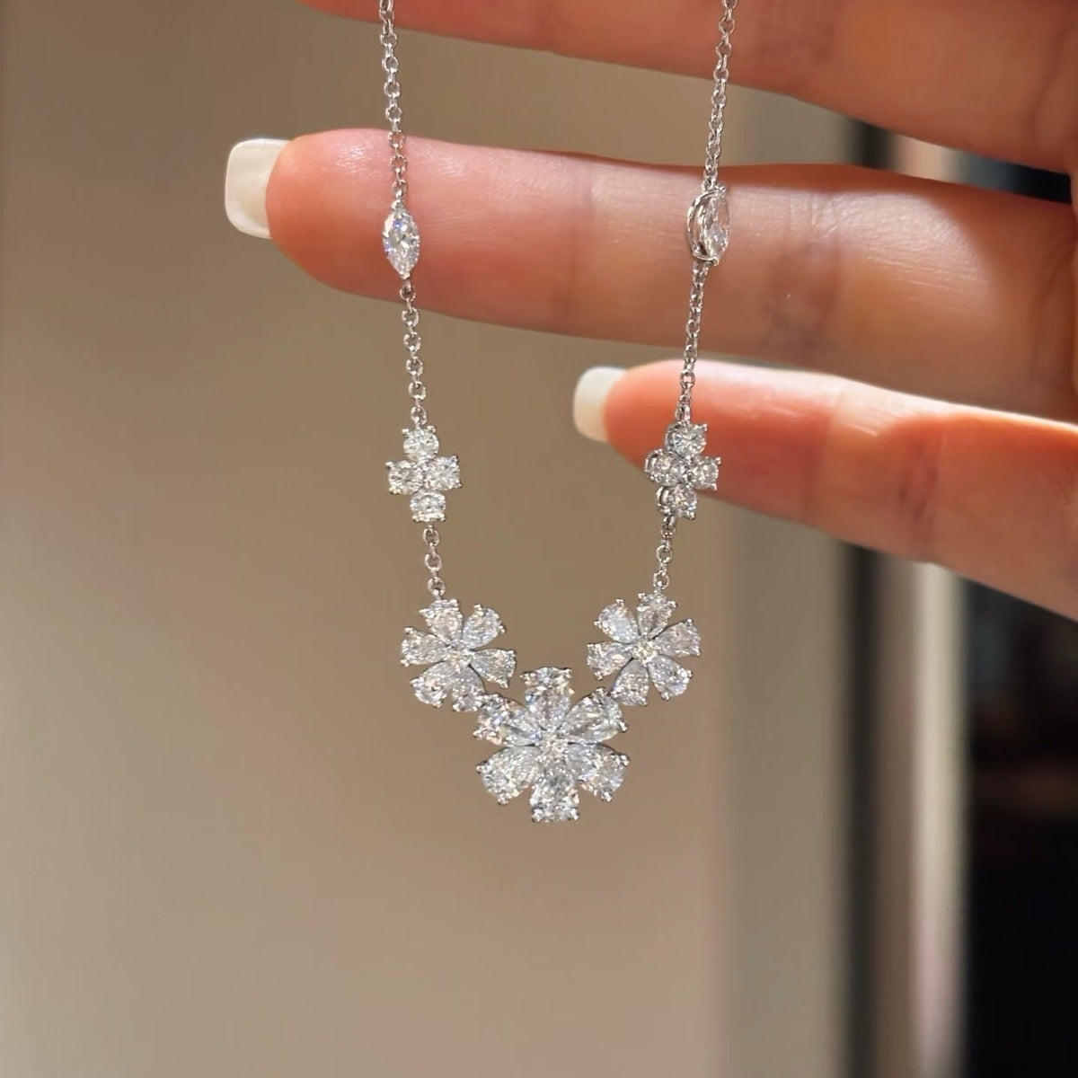 Harry Winston Style Forget-Me-Not Floral Cubic Zirconia Necklace