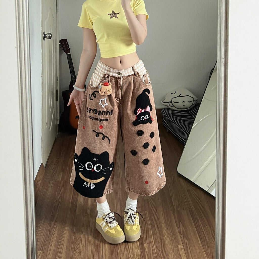 Fun Cartoon Patchwork Denim Capri Pants Loose Wide Leg Mid Jeans