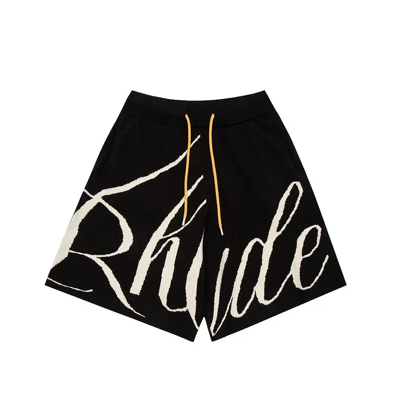 RHUDE niche American high street fashion brand summer letter big logo jacquard loose knitted yarn five quarter shorts