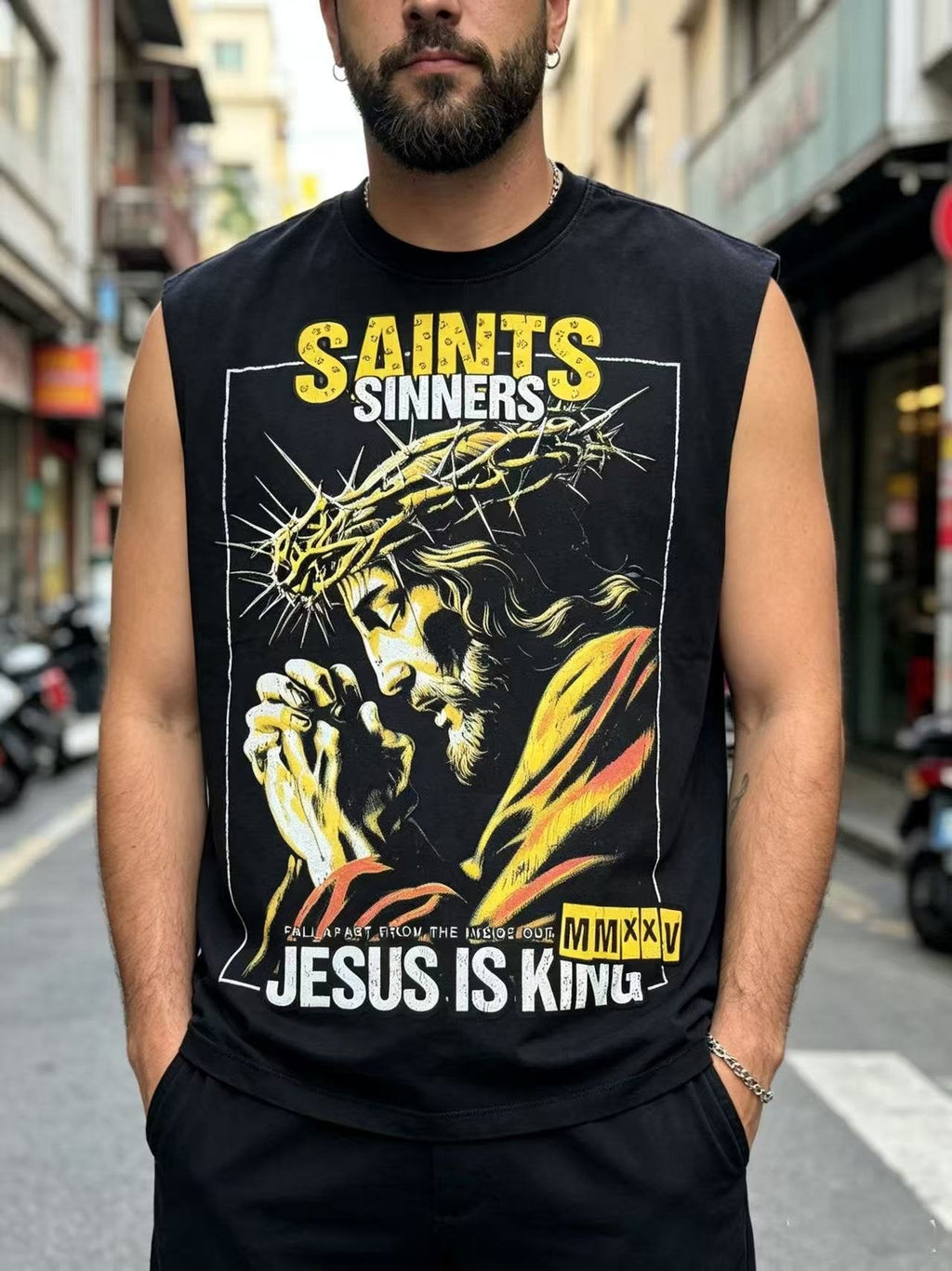 SAINT Rhinestone Graphic Sleeveless T-Shirt