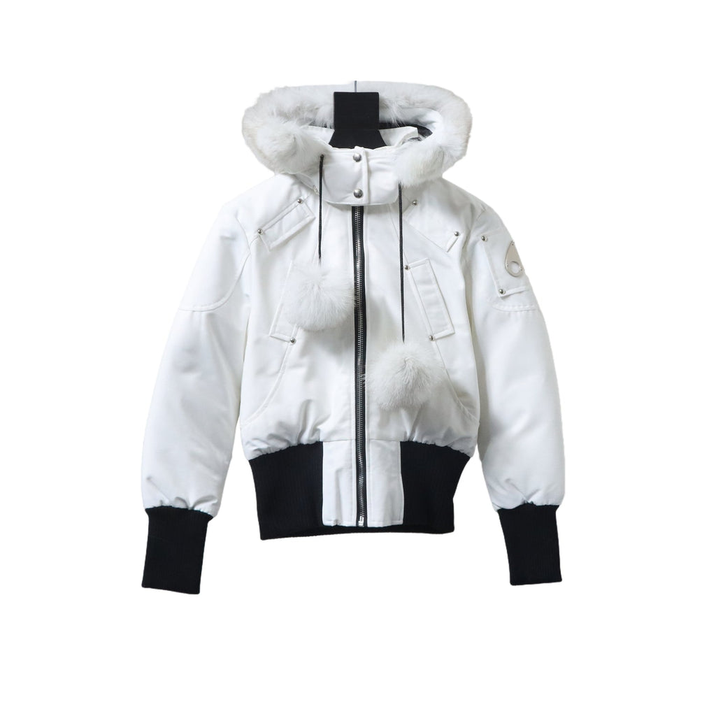 Moose Knuckles White Shell Fur Hood Bomber Jacket