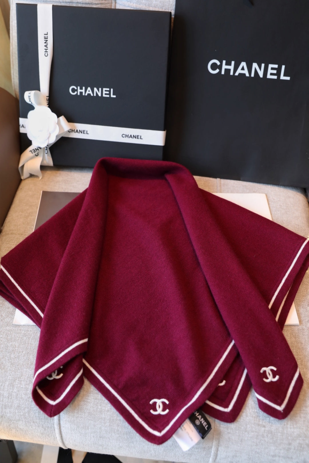 Chanel Style Contrast-Border Logo Scarf