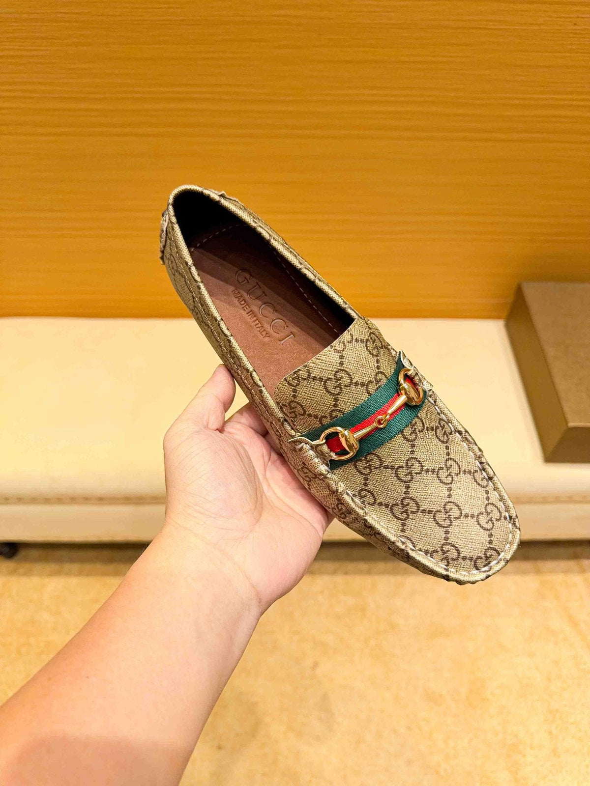 Gucci Beige Tan Monogram Horsebit Loafers