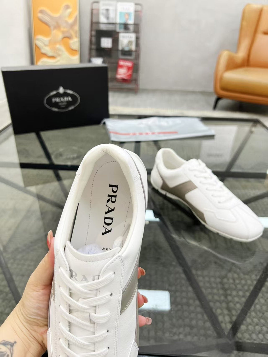 Prada Men's White and Taupe Low-Top Sneakers