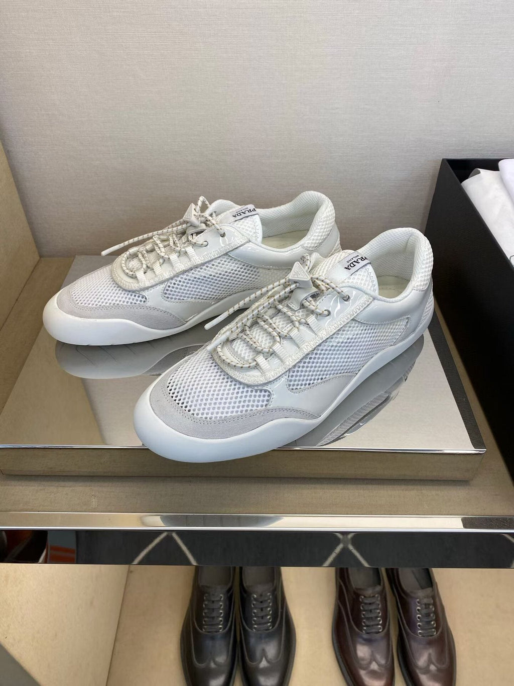 Prada Men's White Mesh Panel Sneakers
