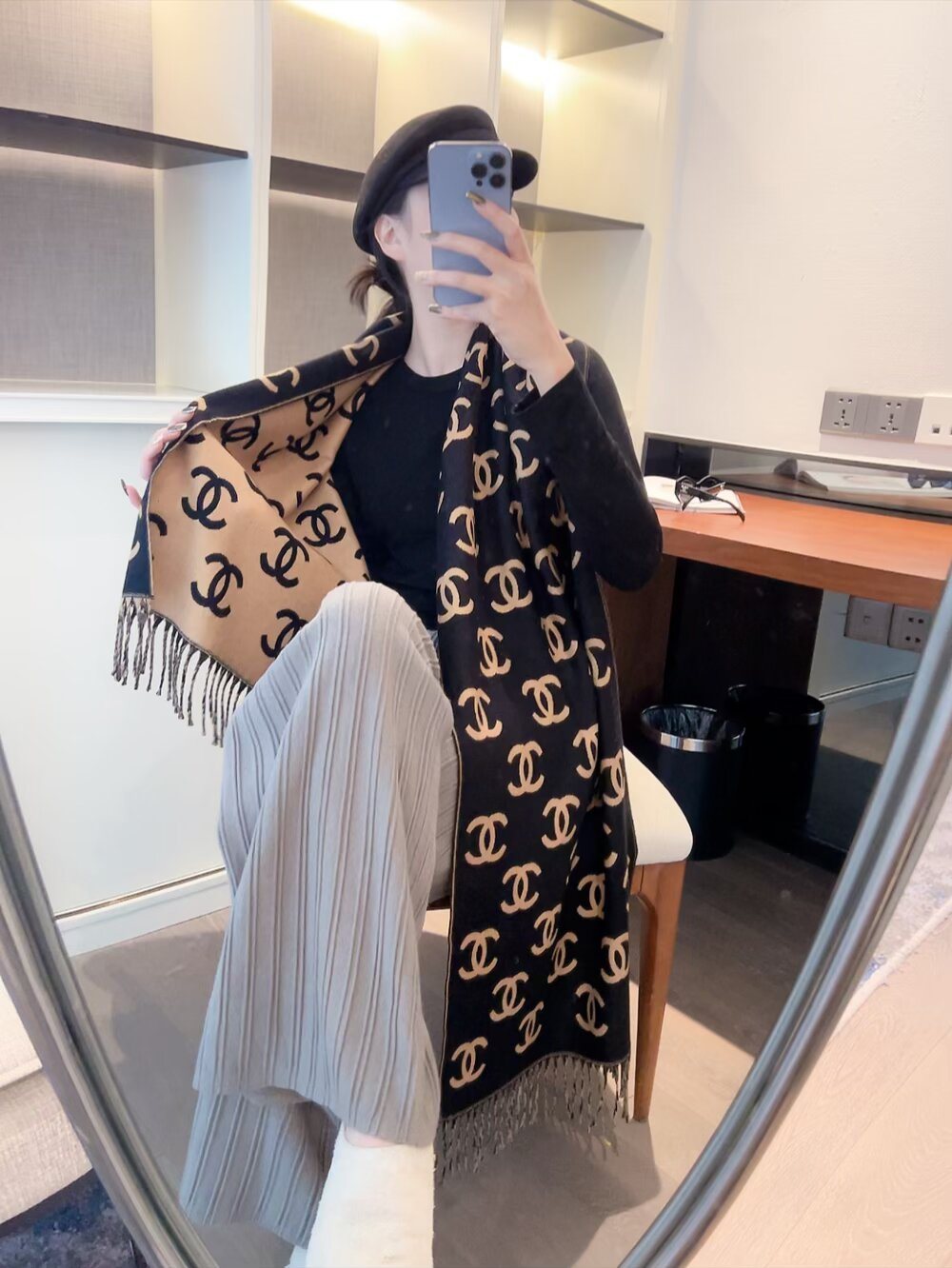 Chanel Interlocking Motif Fringed Scarf