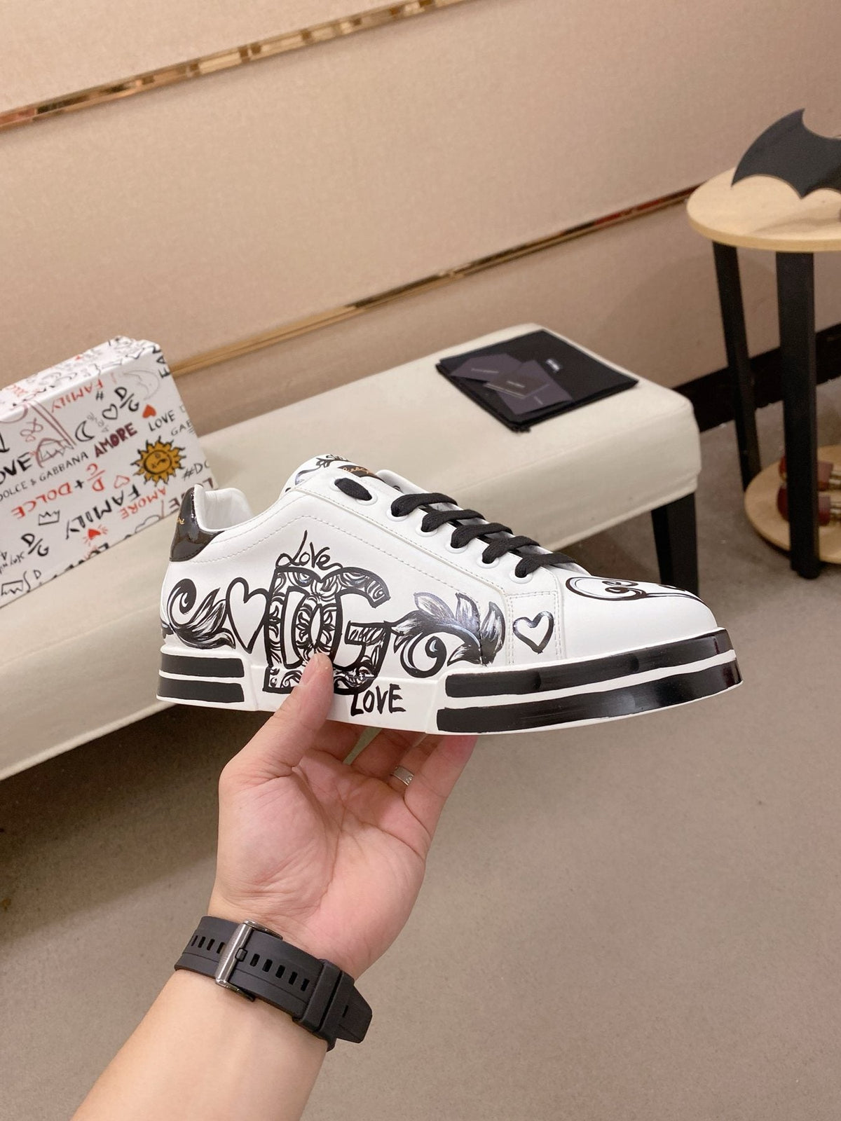 Dolce & Gabbana White Graphic Lace-Up Sneakers