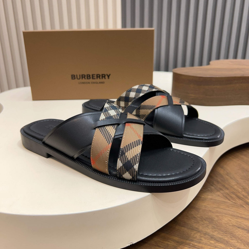 Burberry Plaid Cross-Strap Slide Sandals - Check Pattern