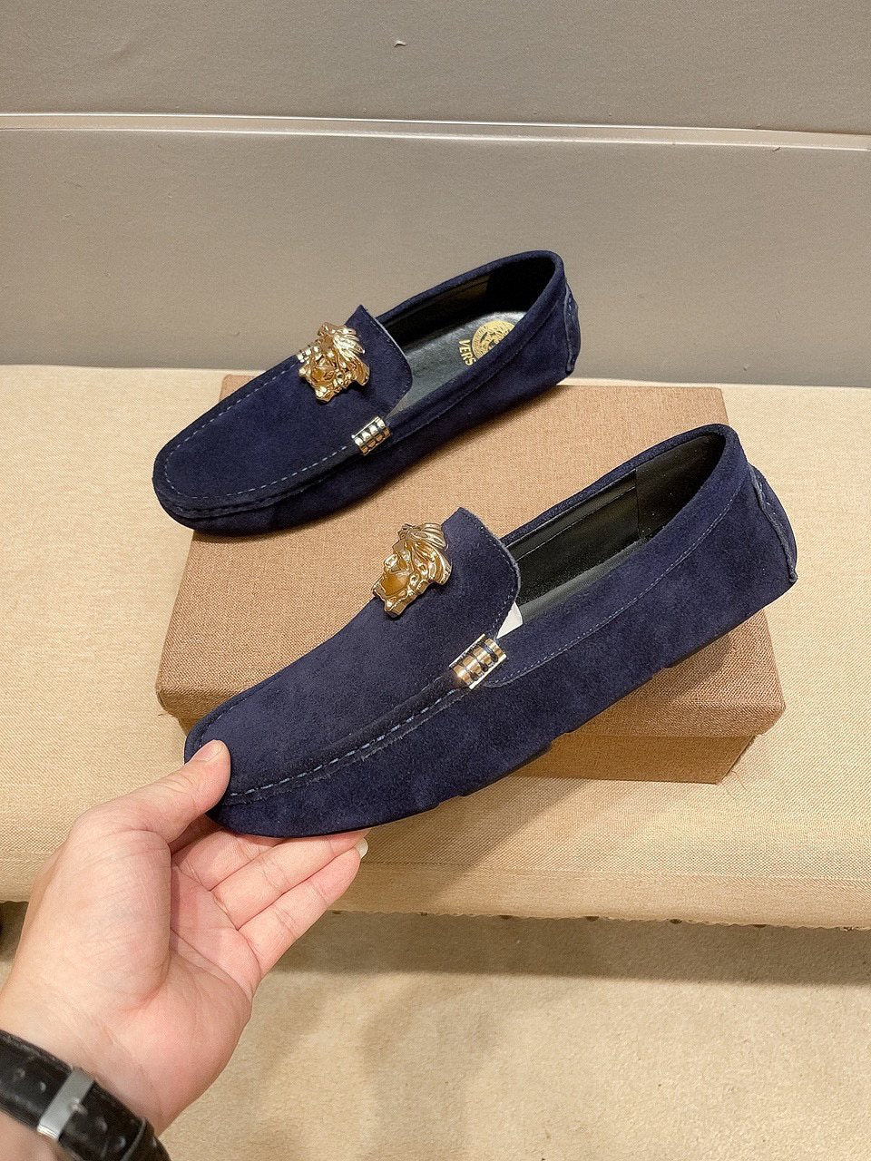 Men's Leather Loafers with Metal Medallion