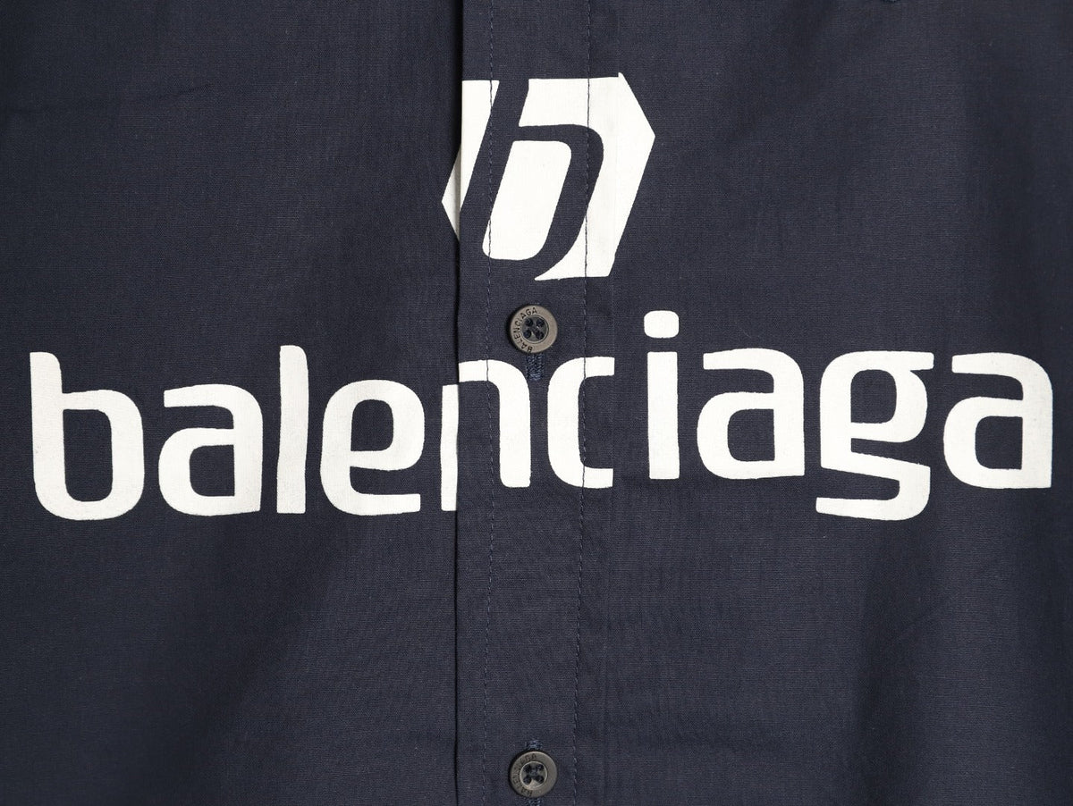 Balenciaga Striped-Sleeve Crest Button-Up Shirt - Dark Navy