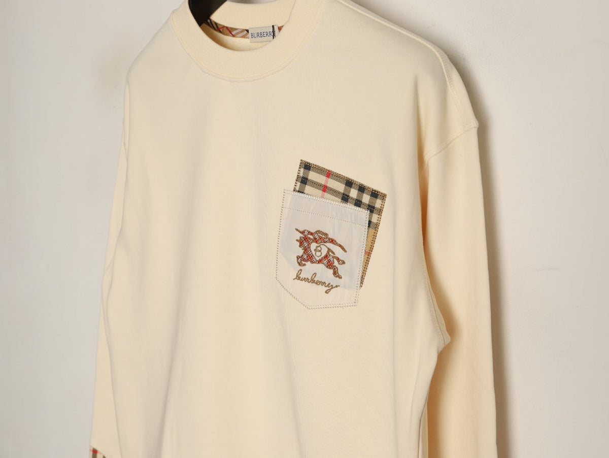 Burberry Check-Trim Embroidered Pocket Crewneck Sweatshirt